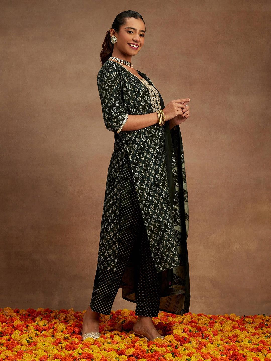 Green Printed Silk Blend Straight Suit With Dupatta