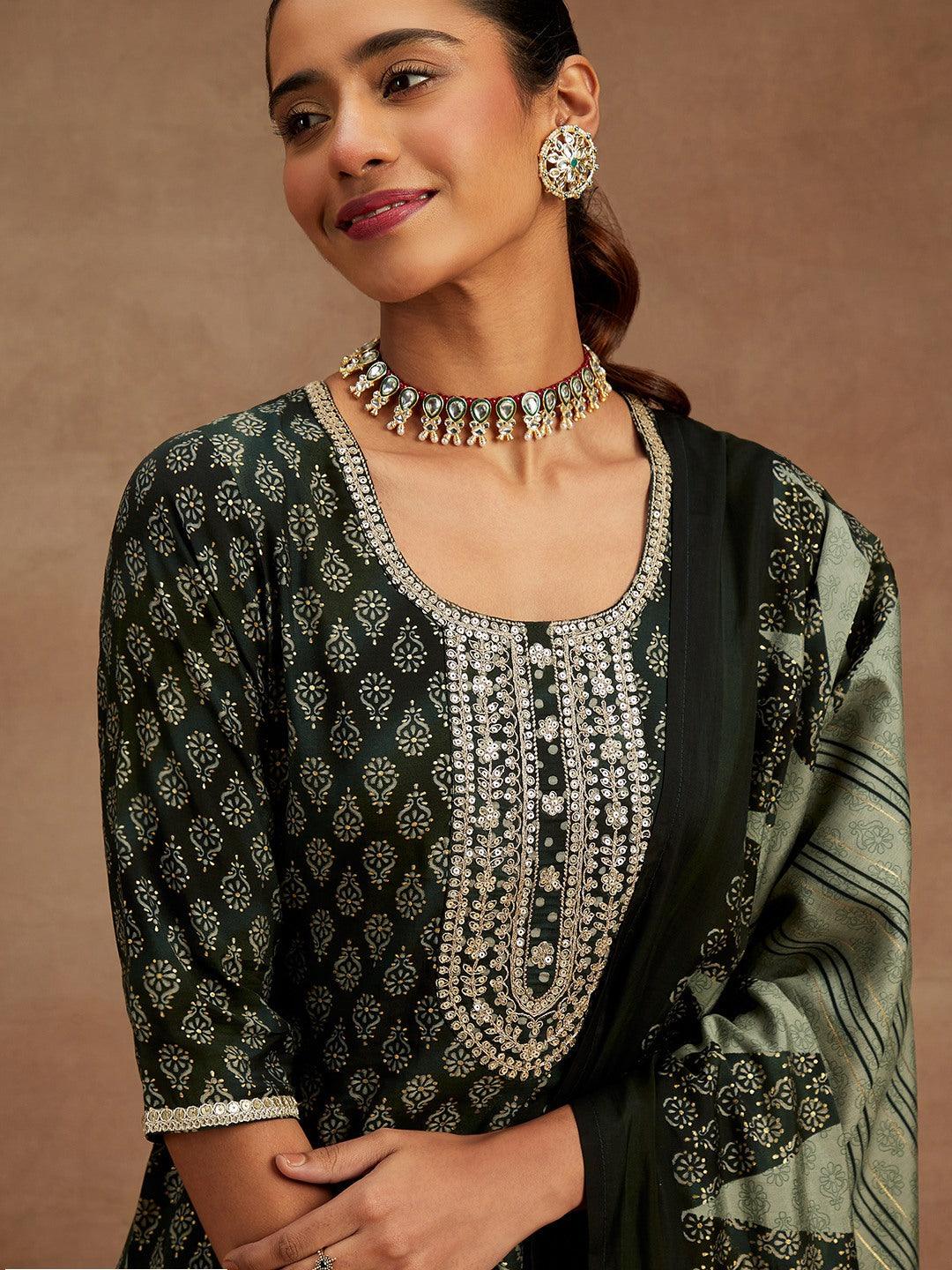 Green Printed Silk Blend Straight Suit With Dupatta