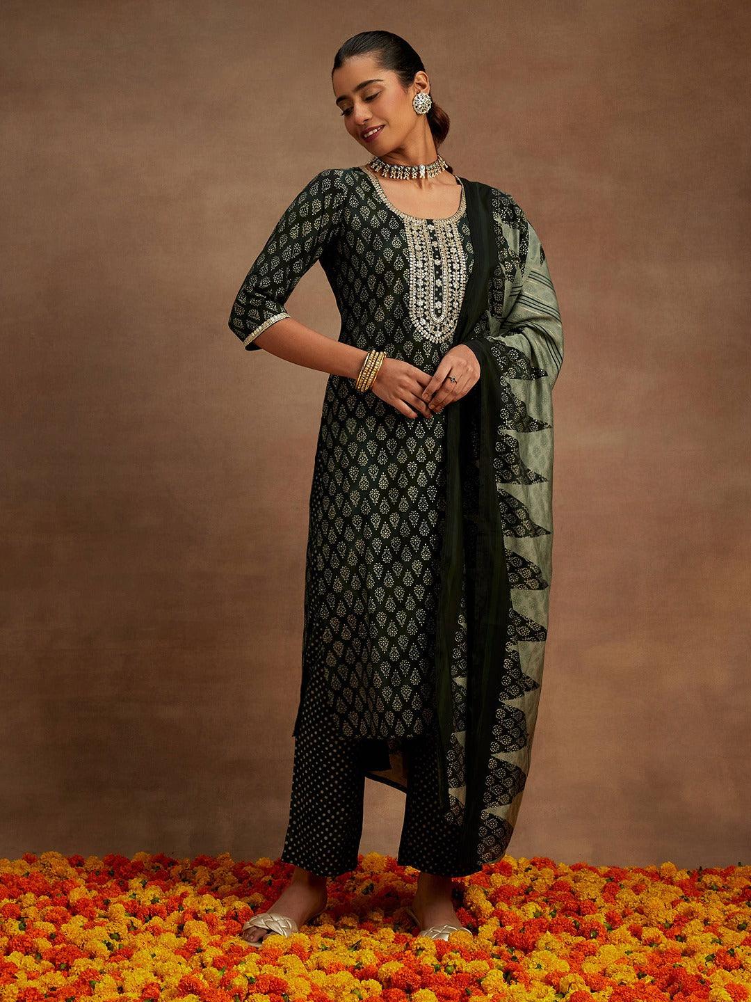 Green Printed Silk Blend Straight Suit With Dupatta