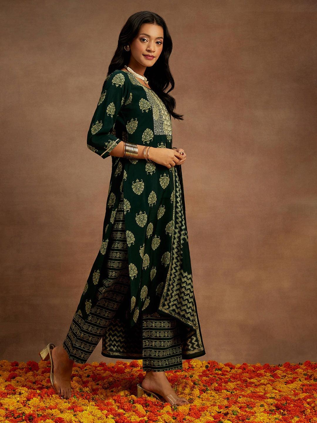 Green Printed Silk Blend Straight Suit With Dupatta