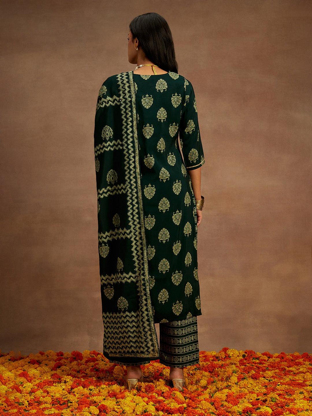 Green Printed Silk Blend Straight Suit With Dupatta