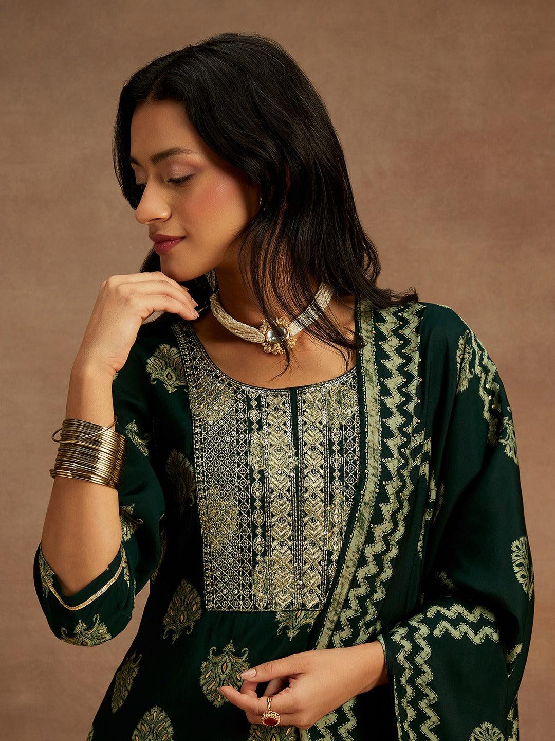 Green Printed Silk Blend Straight Suit With Dupatta