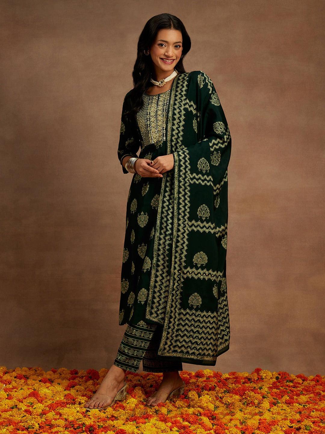 Green Printed Silk Blend Straight Suit With Dupatta