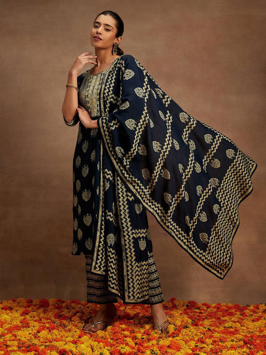 Blue Printed Silk Blend Straight Suit With Dupatta