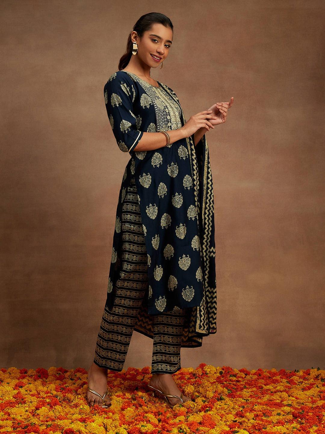 Blue Printed Silk Blend Straight Suit With Dupatta