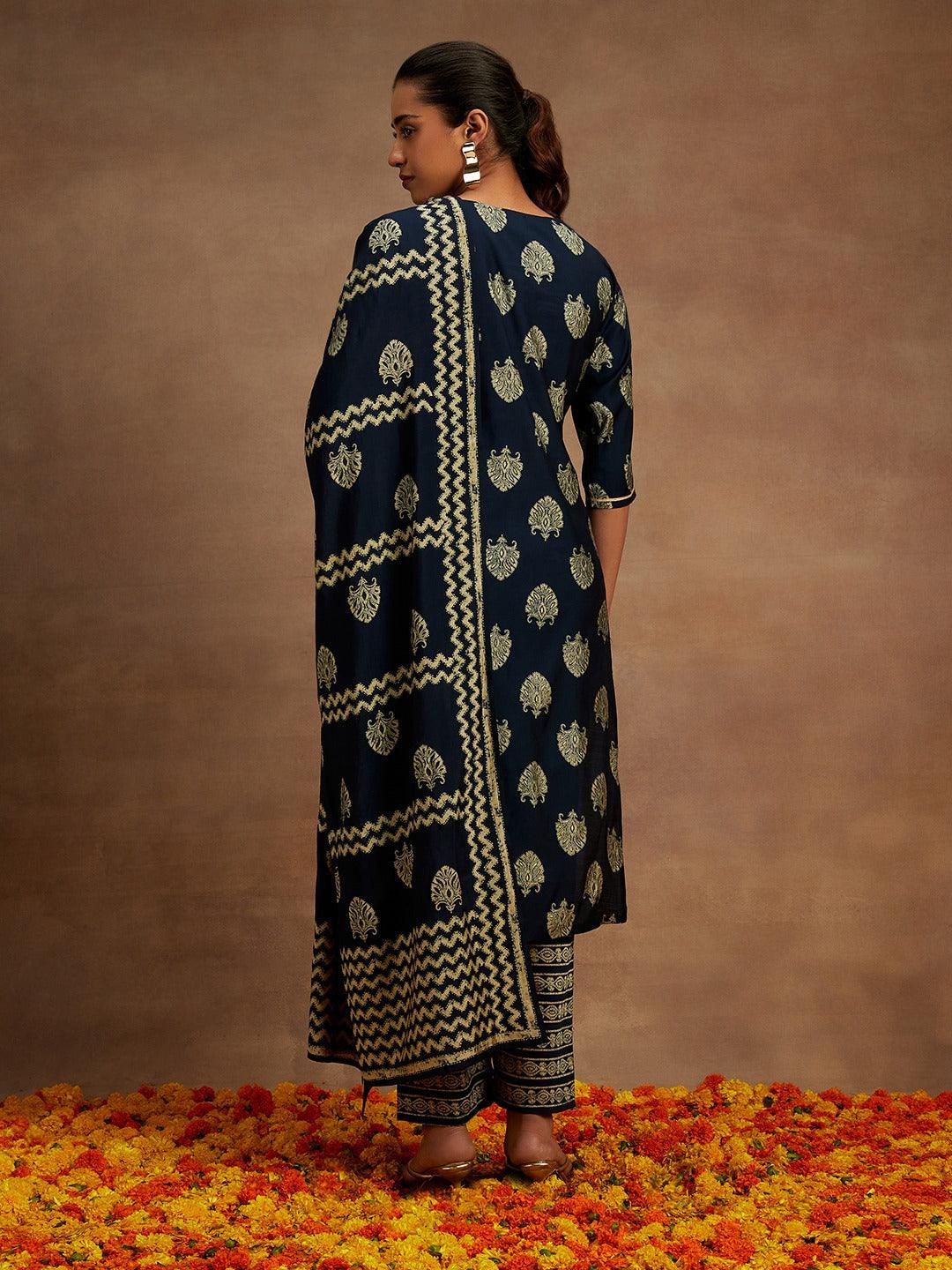 Blue Printed Silk Blend Straight Suit With Dupatta