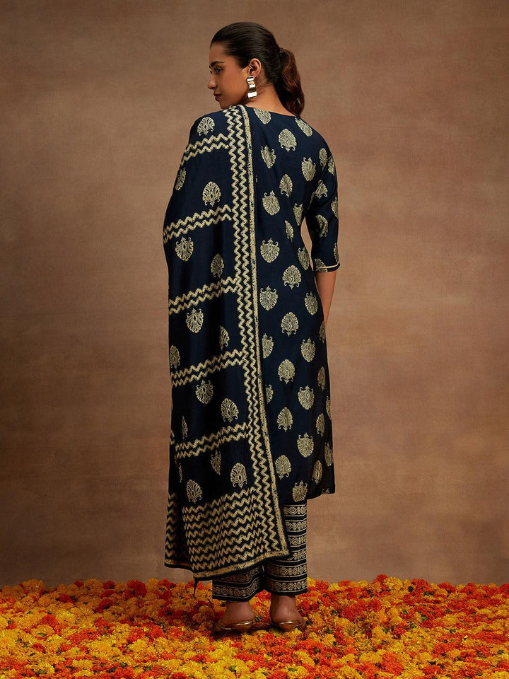 Blue Printed Silk Blend Straight Kurta With Trousers & Dupatta - ShopLibas