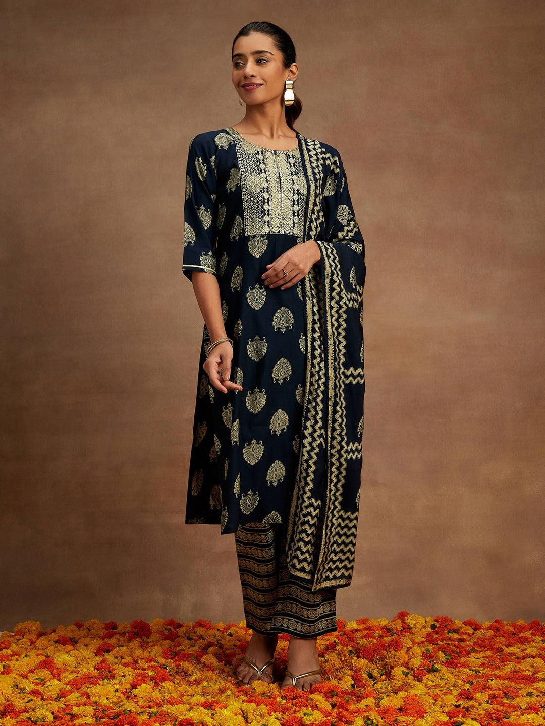 Blue Printed Silk Blend Straight Suit With Dupatta