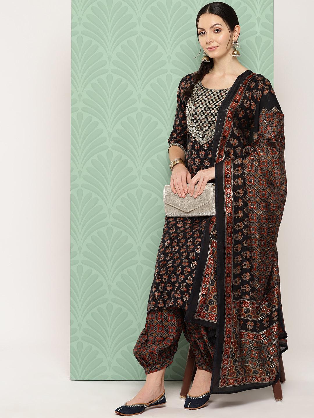 Blue Printed Silk Blend Straight Suit With Dupatta