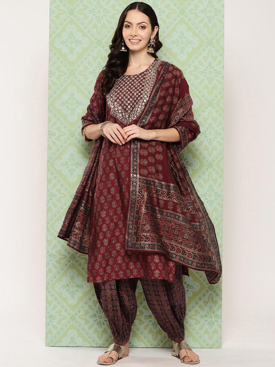 Maroon Printed Silk Blend Straight Suit With Dupatta