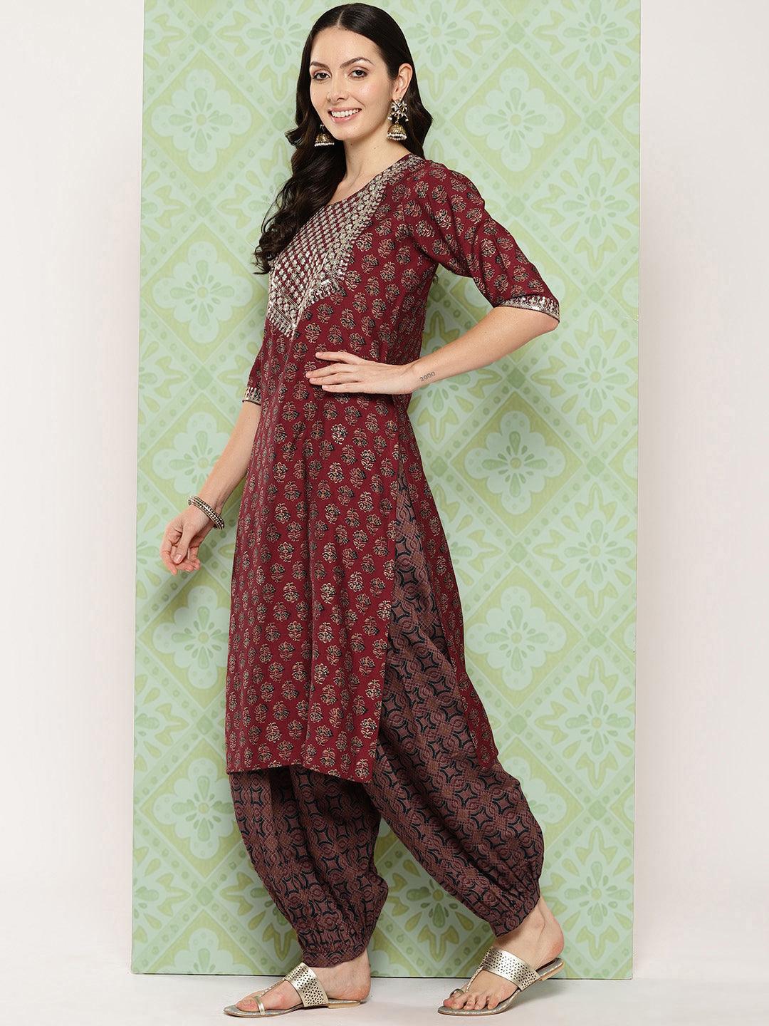 Maroon Printed Silk Blend Straight Suit With Dupatta