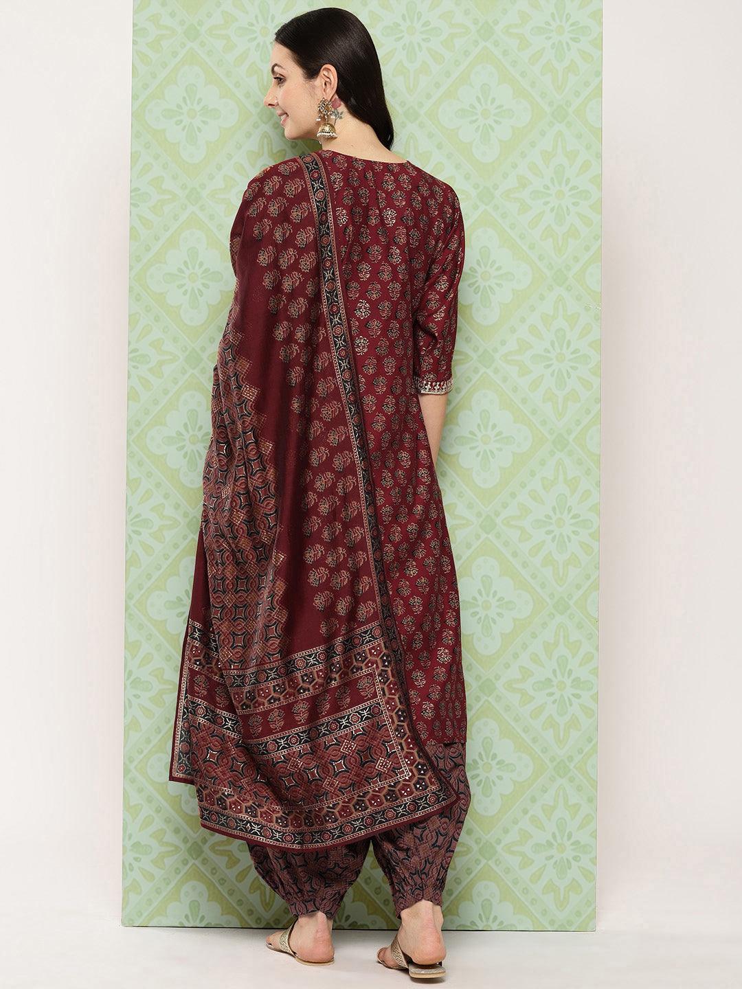 Maroon Printed Silk Blend Straight Suit With Dupatta