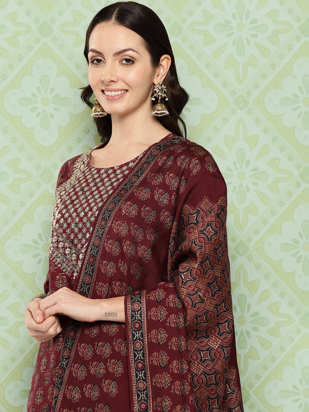 Maroon Printed Silk Blend Straight Suit With Dupatta