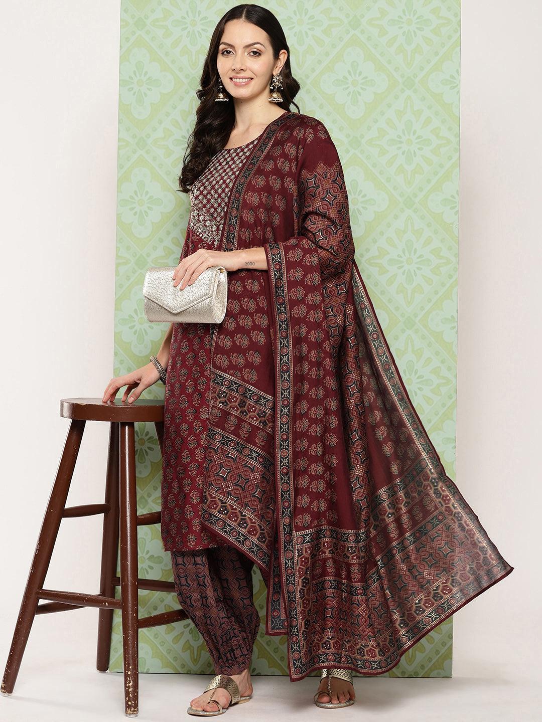 Maroon Printed Silk Blend Straight Suit With Dupatta