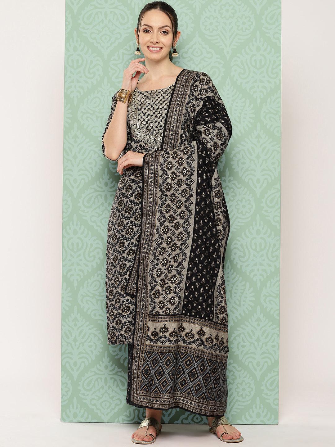 Blue Printed Silk Blend Straight Suit With Dupatta