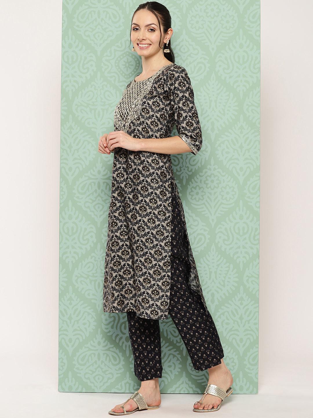 Blue Printed Silk Blend Straight Kurta With Trousers & Dupatta - ShopLibas