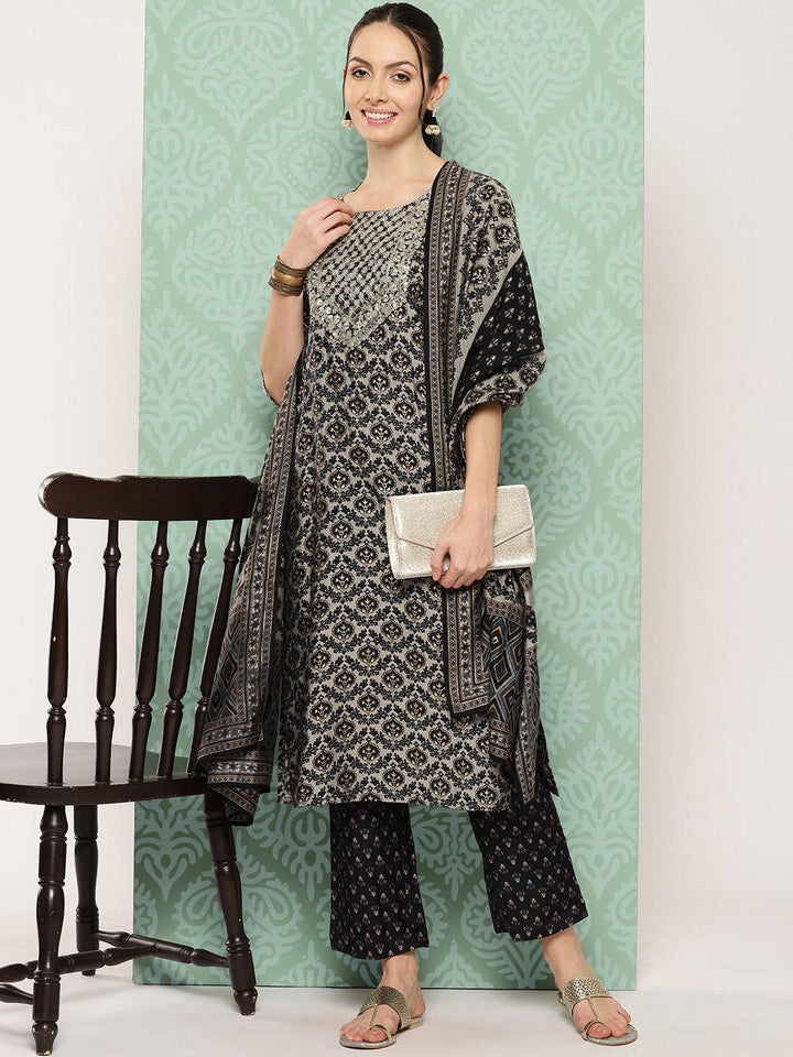 Blue Printed Silk Blend Straight Kurta With Trousers & Dupatta - ShopLibas