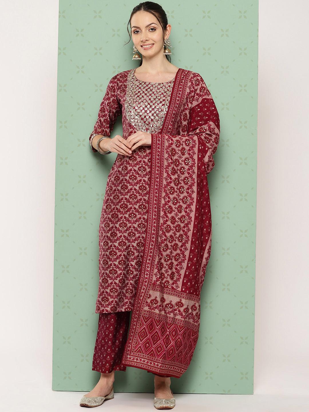 Red Printed Silk Blend Straight Suit With Dupatta