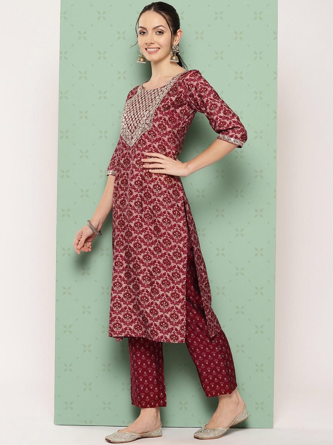 Red Printed Silk Blend Straight Suit With Dupatta