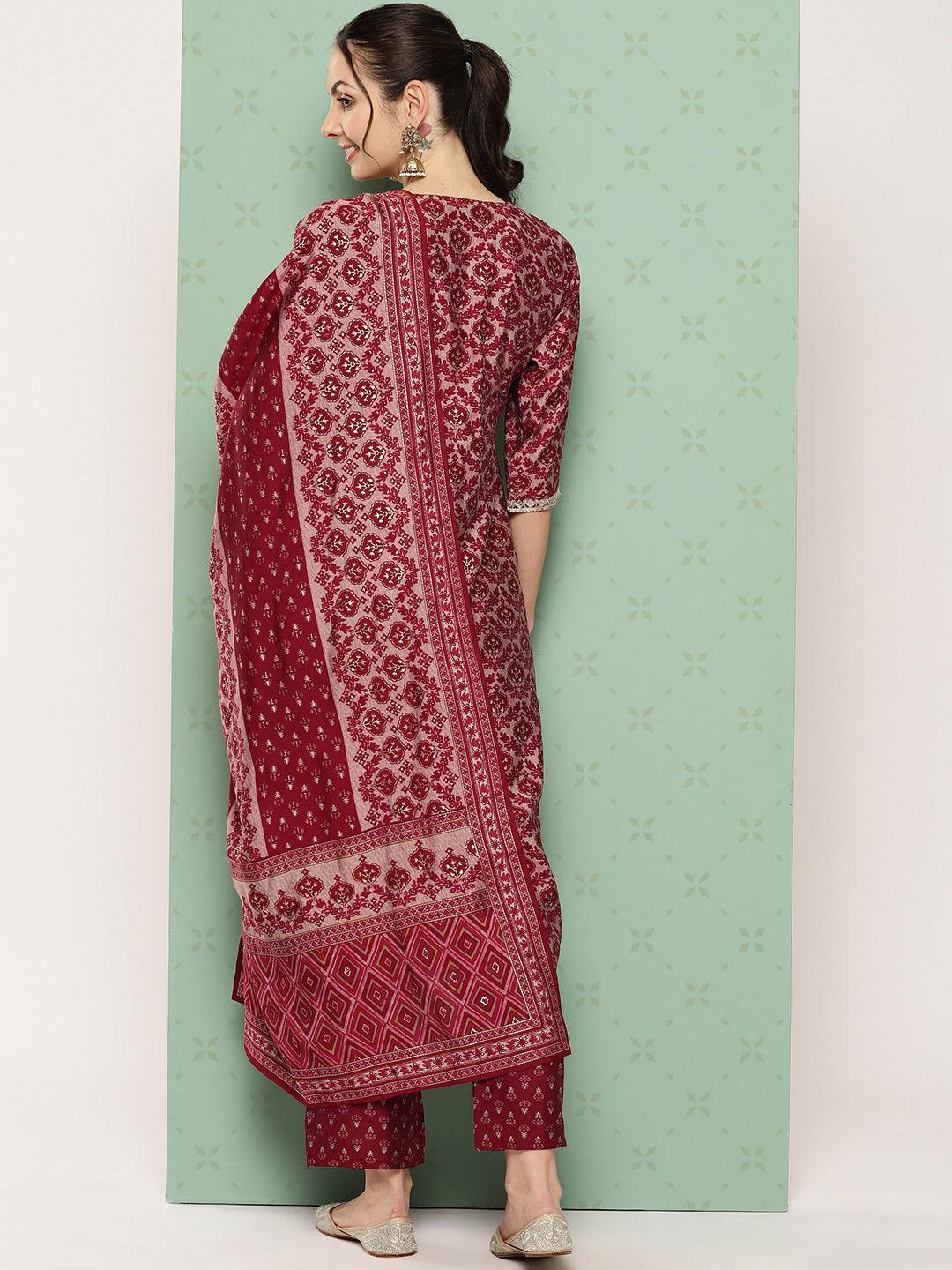 Red Printed Silk Blend Straight Suit With Dupatta