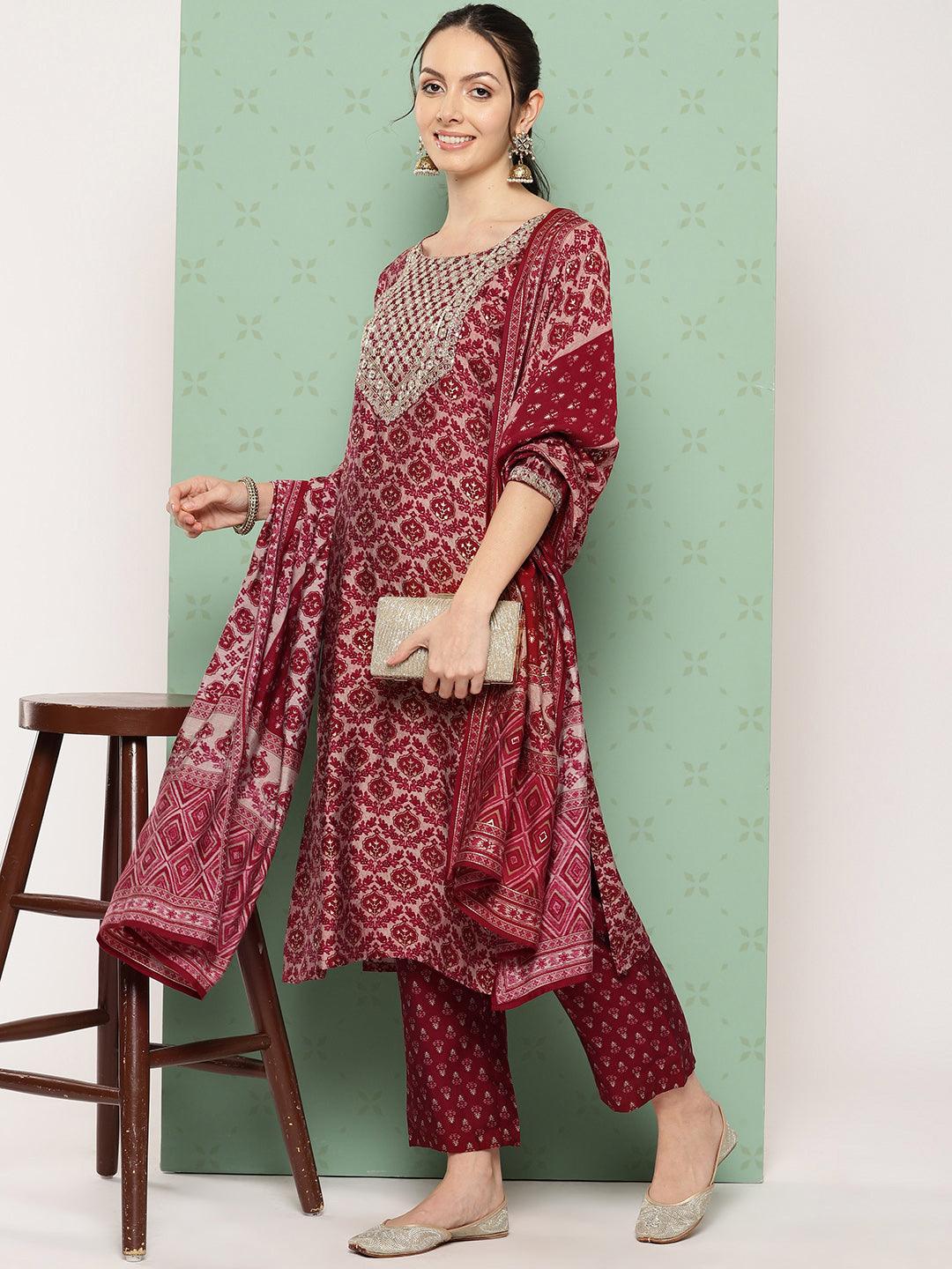 Red Printed Silk Blend Straight Suit With Dupatta