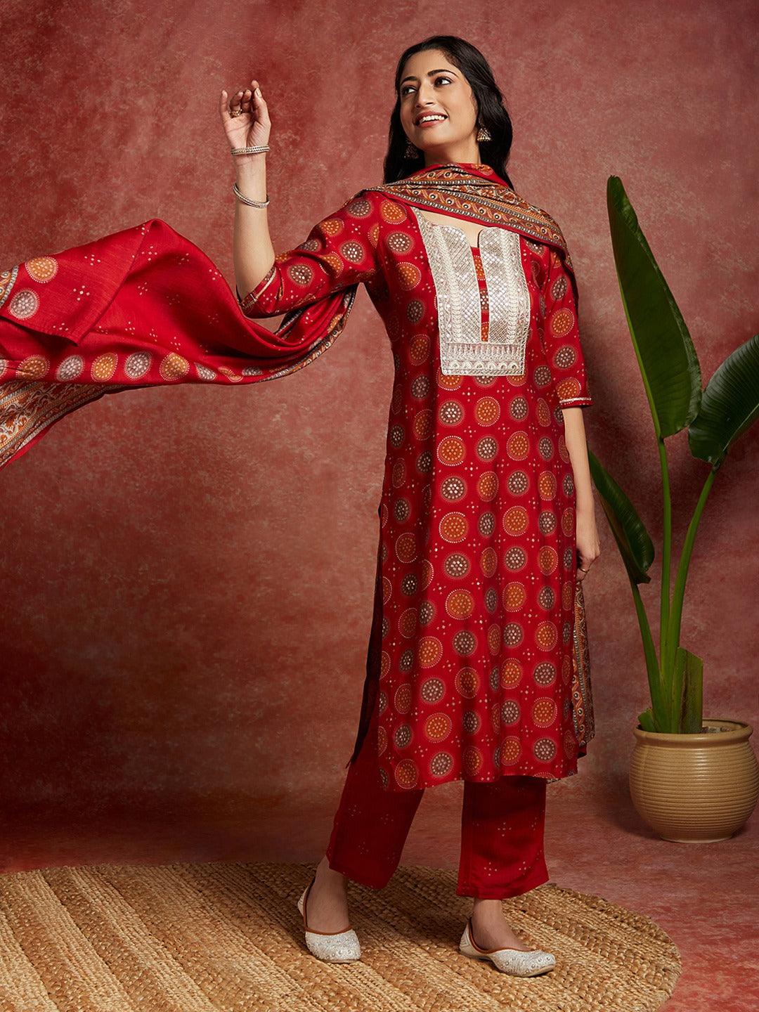 Red Printed Silk Blend Straight Suit With Dupatta