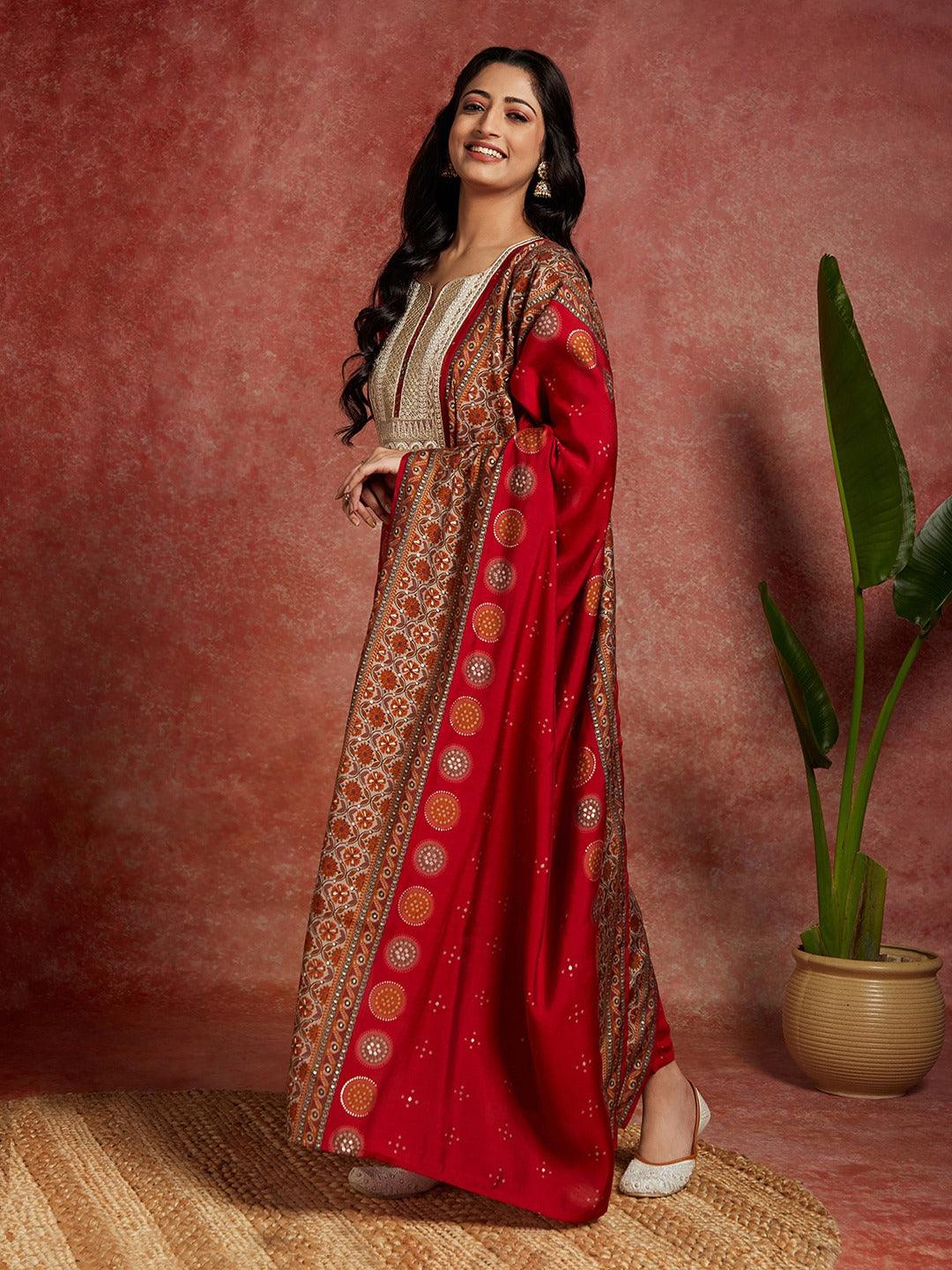 Red Printed Silk Blend Straight Suit With Dupatta