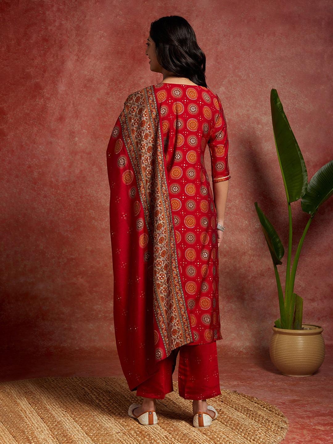 Red Printed Silk Blend Straight Suit With Dupatta