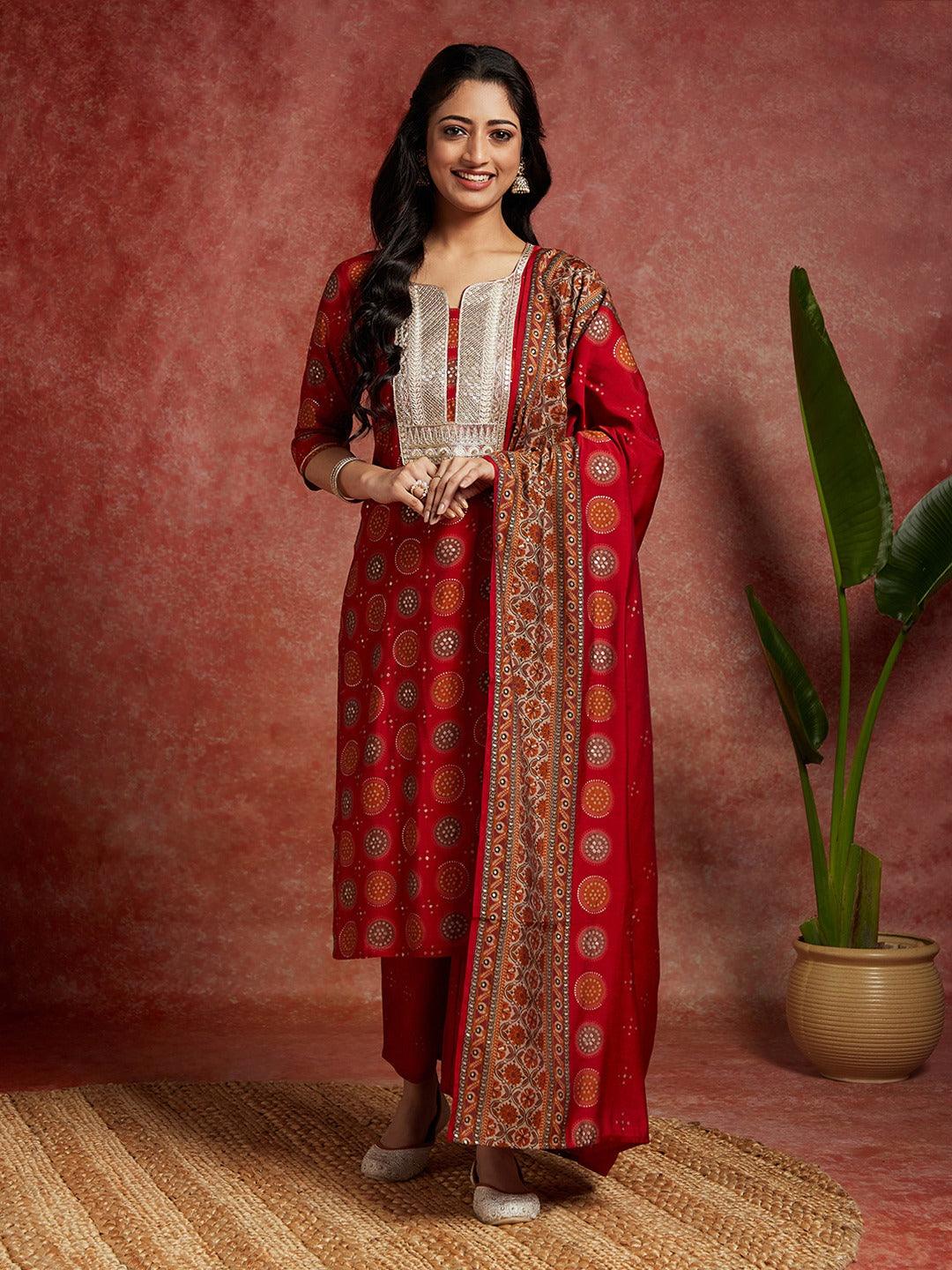 Red Printed Silk Blend Straight Suit With Dupatta