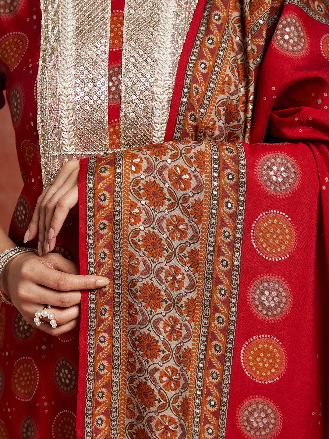 Red Printed Silk Blend Straight Suit With Dupatta