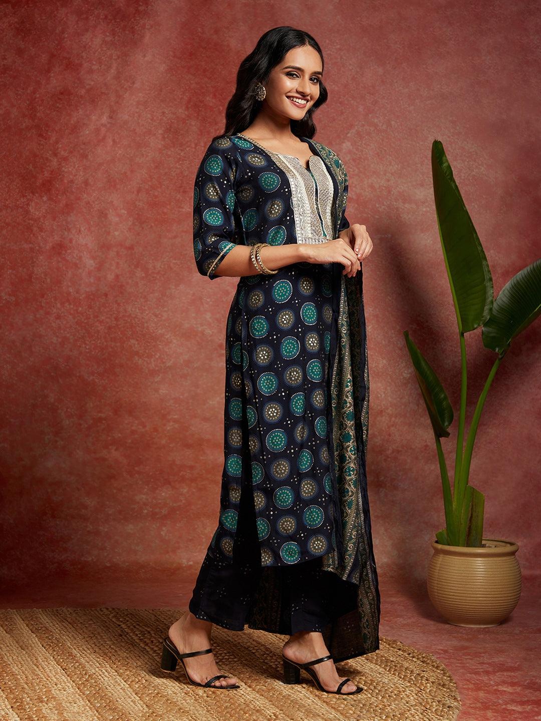 Blue Printed Silk Blend Straight Suit With Dupatta