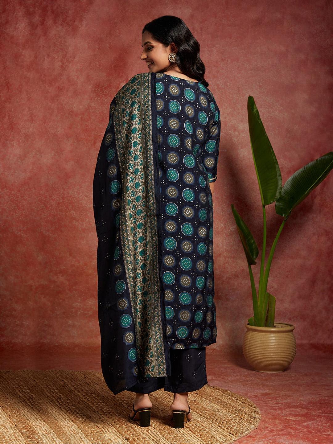 Blue Printed Silk Blend Straight Suit With Dupatta