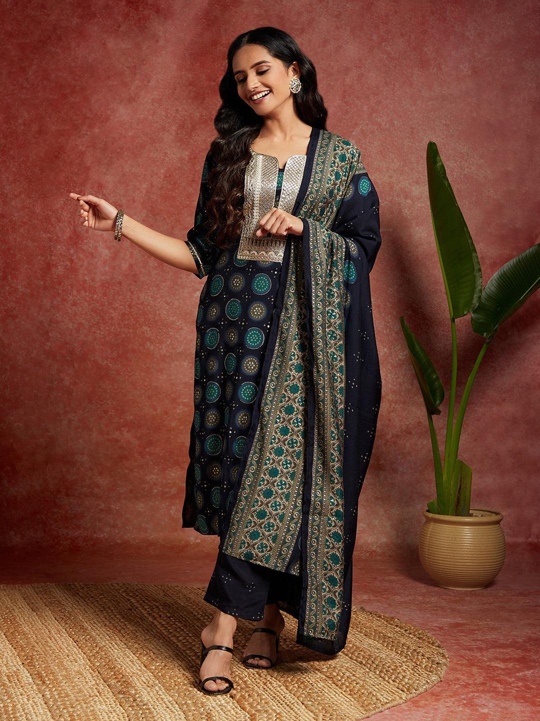 Blue Printed Silk Blend Straight Suit With Dupatta