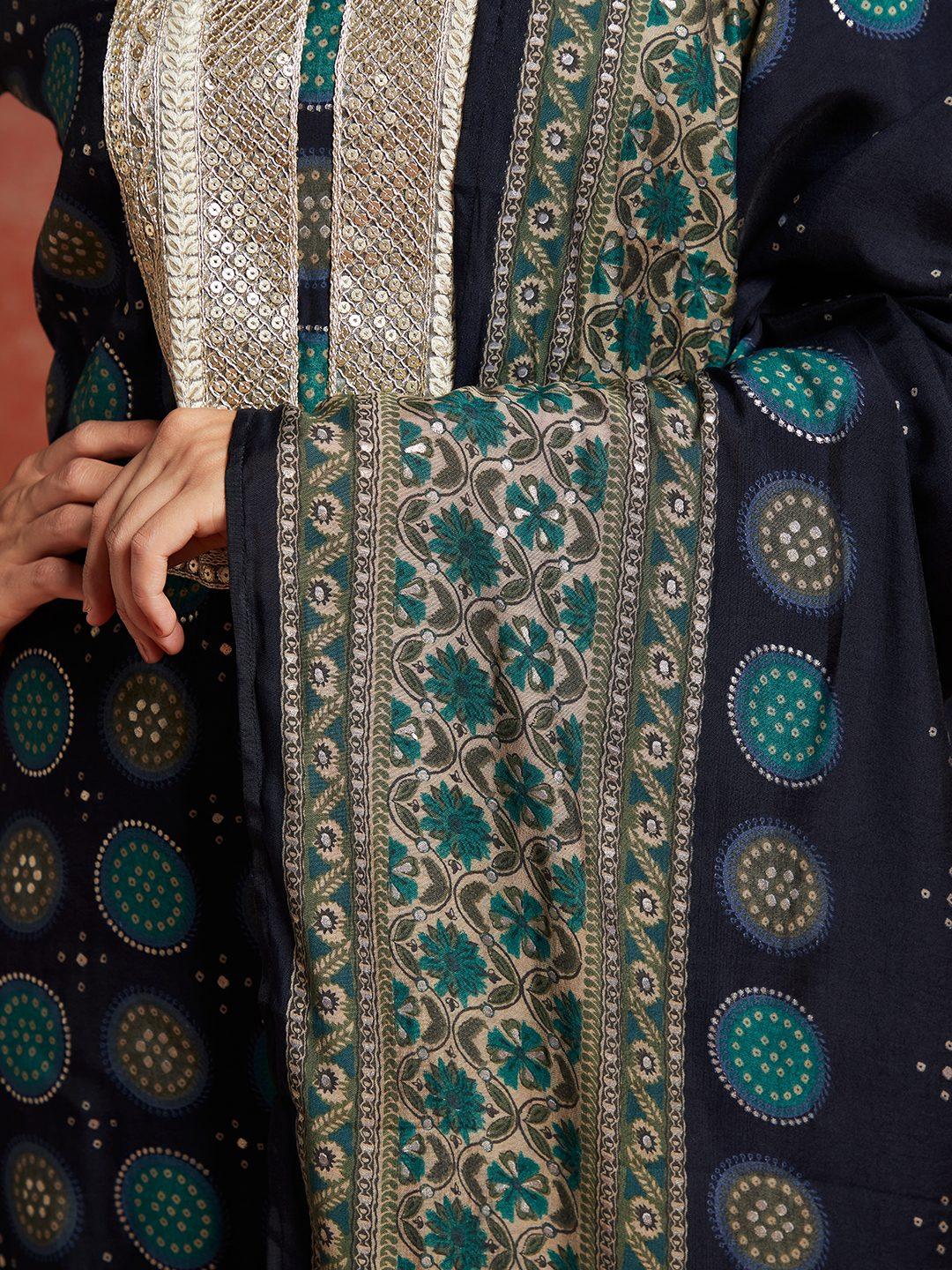 Blue Printed Silk Blend Straight Suit With Dupatta