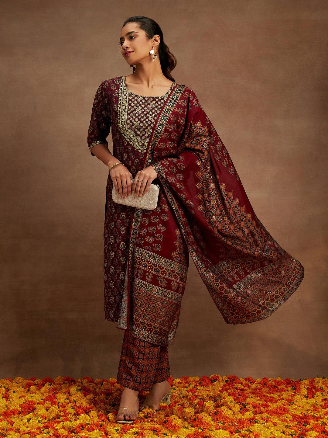 Wine Printed Silk Blend Straight Suit With Dupatta