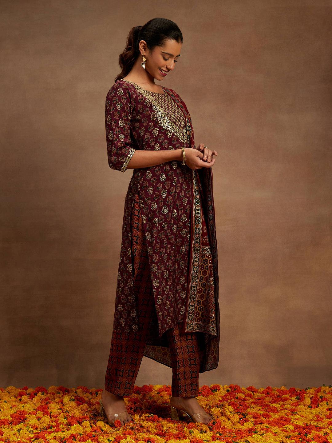 Wine Printed Silk Blend Straight Suit With Dupatta