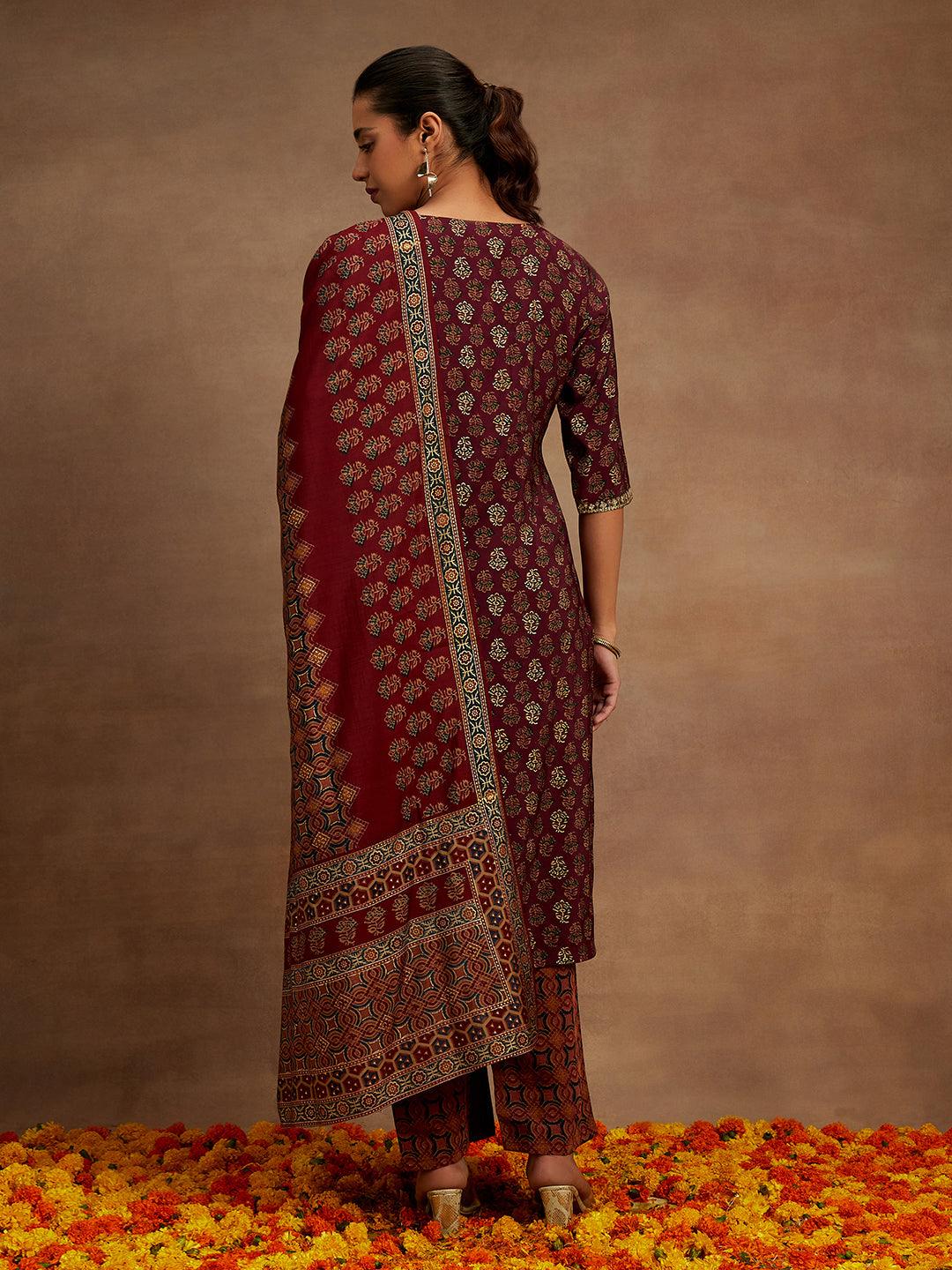 Wine Printed Silk Blend Straight Suit With Dupatta