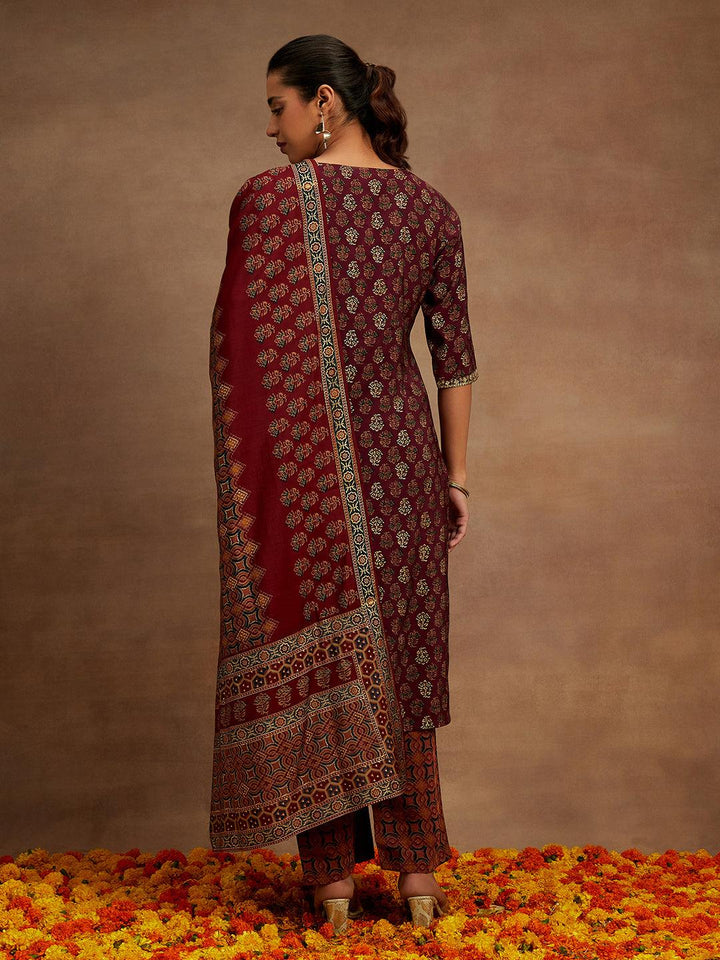 Wine Printed Silk Blend Straight Kurta With Trousers & Dupatta - ShopLibas