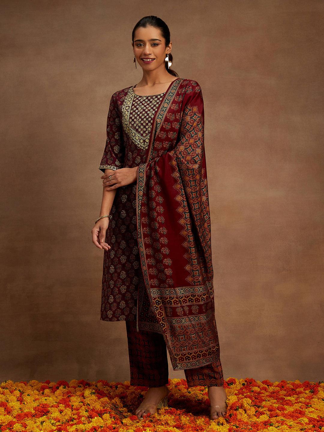 Wine Printed Silk Blend Straight Suit With Dupatta