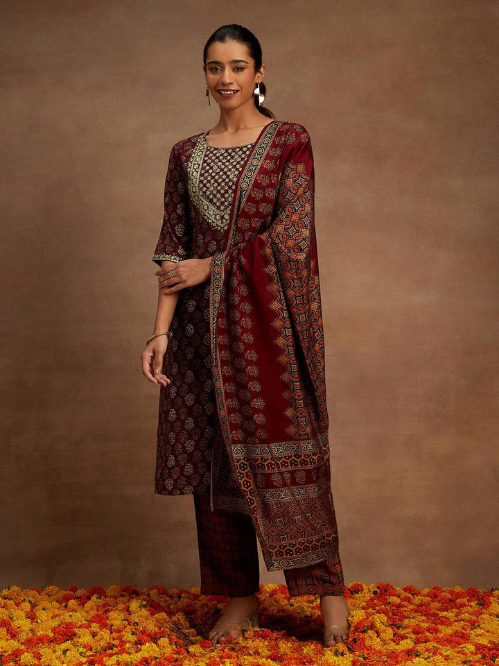 Wine Printed Silk Blend Straight Kurta With Trousers & Dupatta - ShopLibas