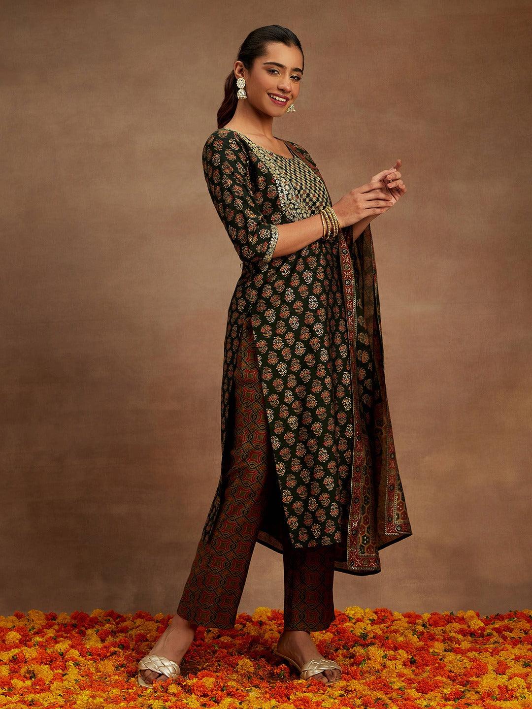 Green Printed Silk Blend Straight Suit With Dupatta