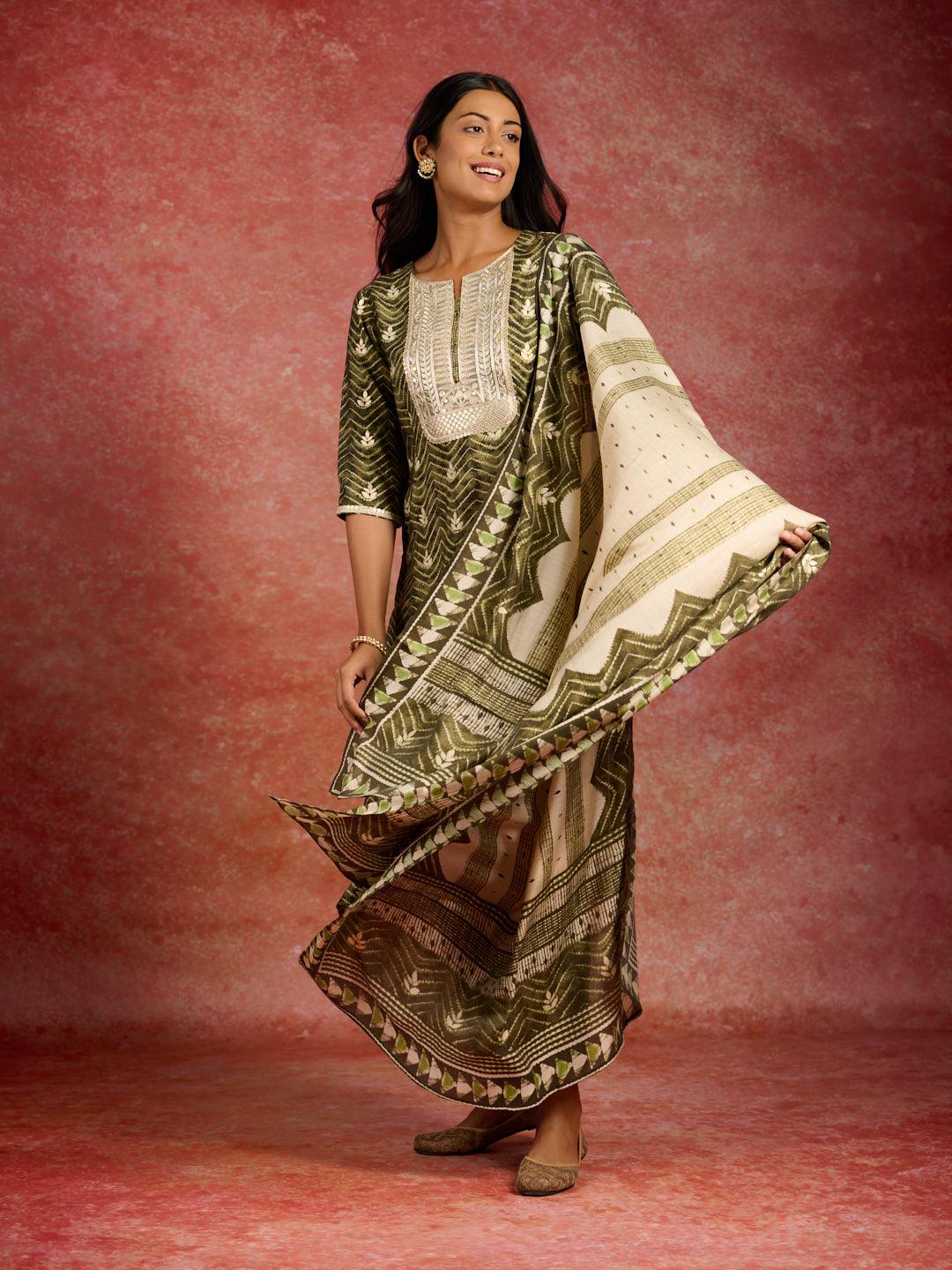 Green Printed Silk Blend Straight Suit With Dupatta