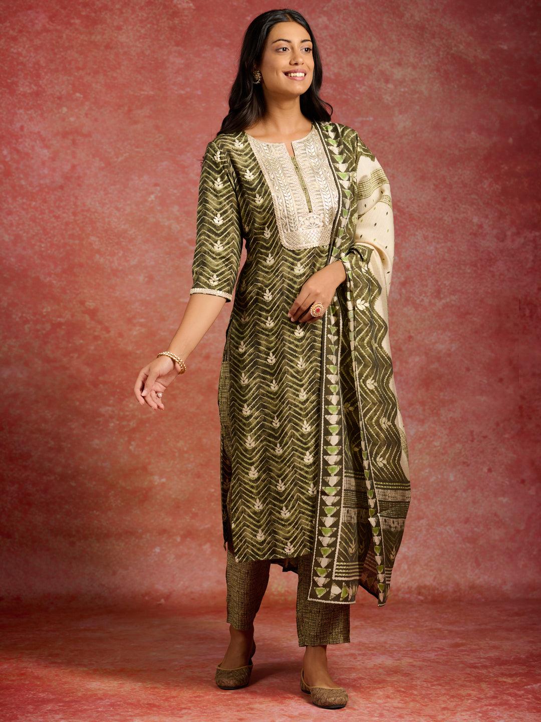 Green Printed Silk Blend Straight Suit With Dupatta