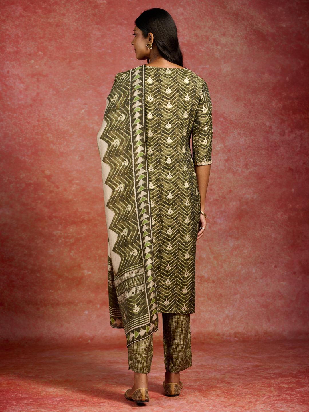 Green Printed Silk Blend Straight Suit With Dupatta