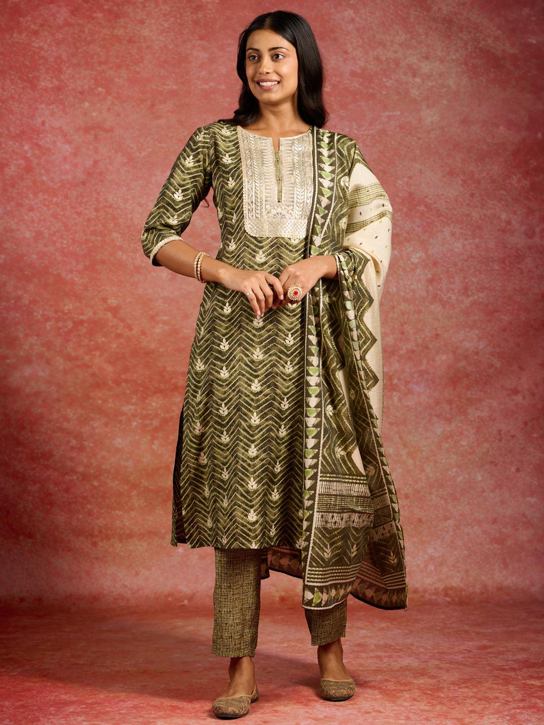 Green Printed Silk Blend Straight Suit With Dupatta