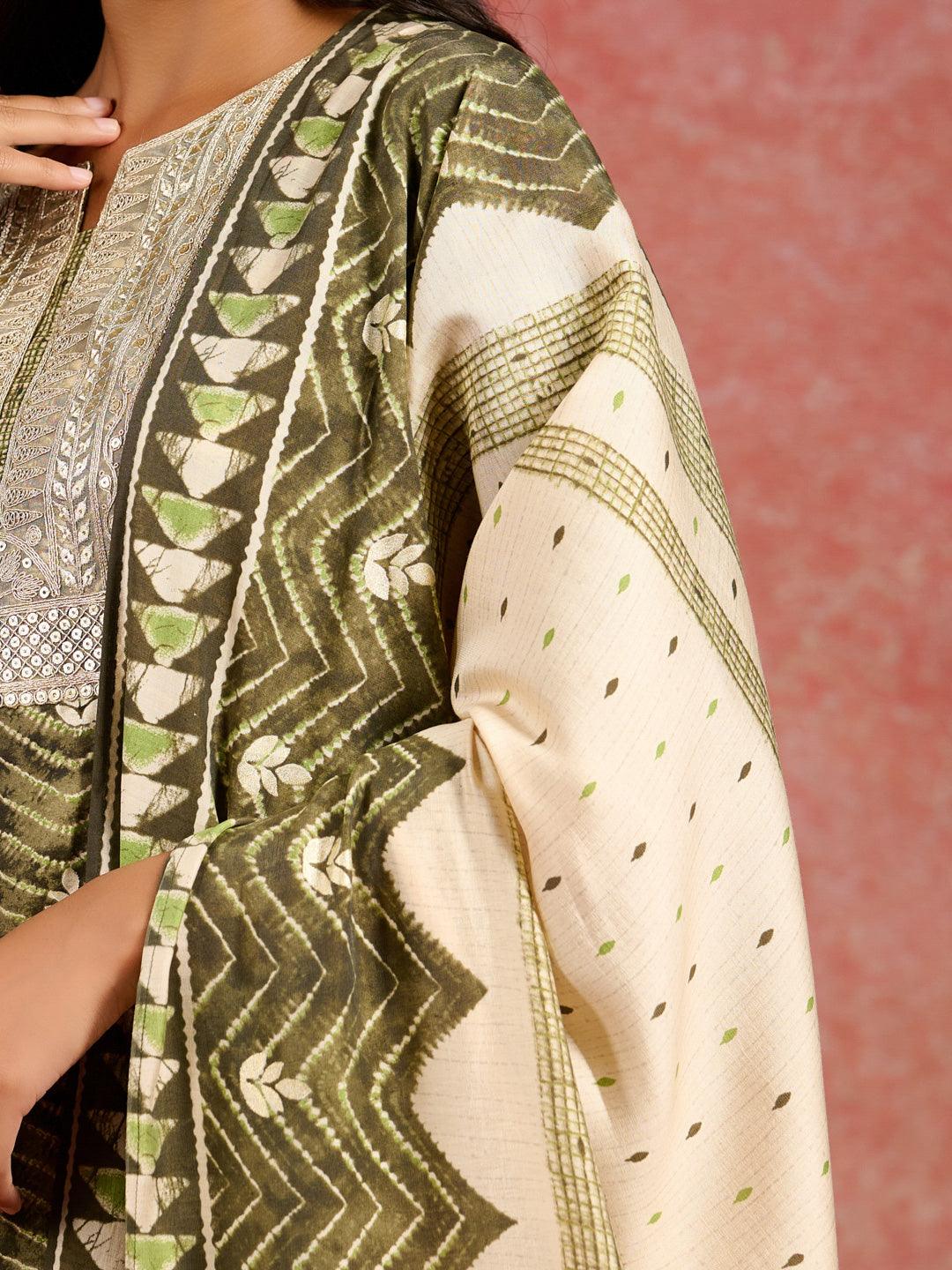 Green Printed Silk Blend Straight Suit With Dupatta