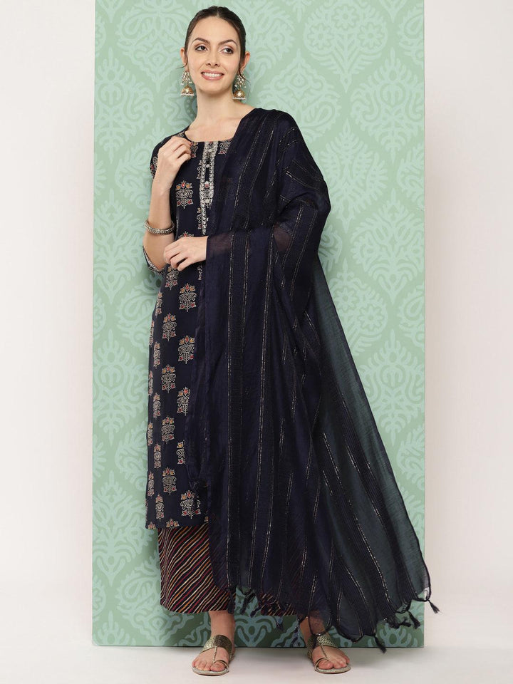 Blue Printed Silk Blend Straight Kurta With Palazzos & Dupatta - ShopLibas