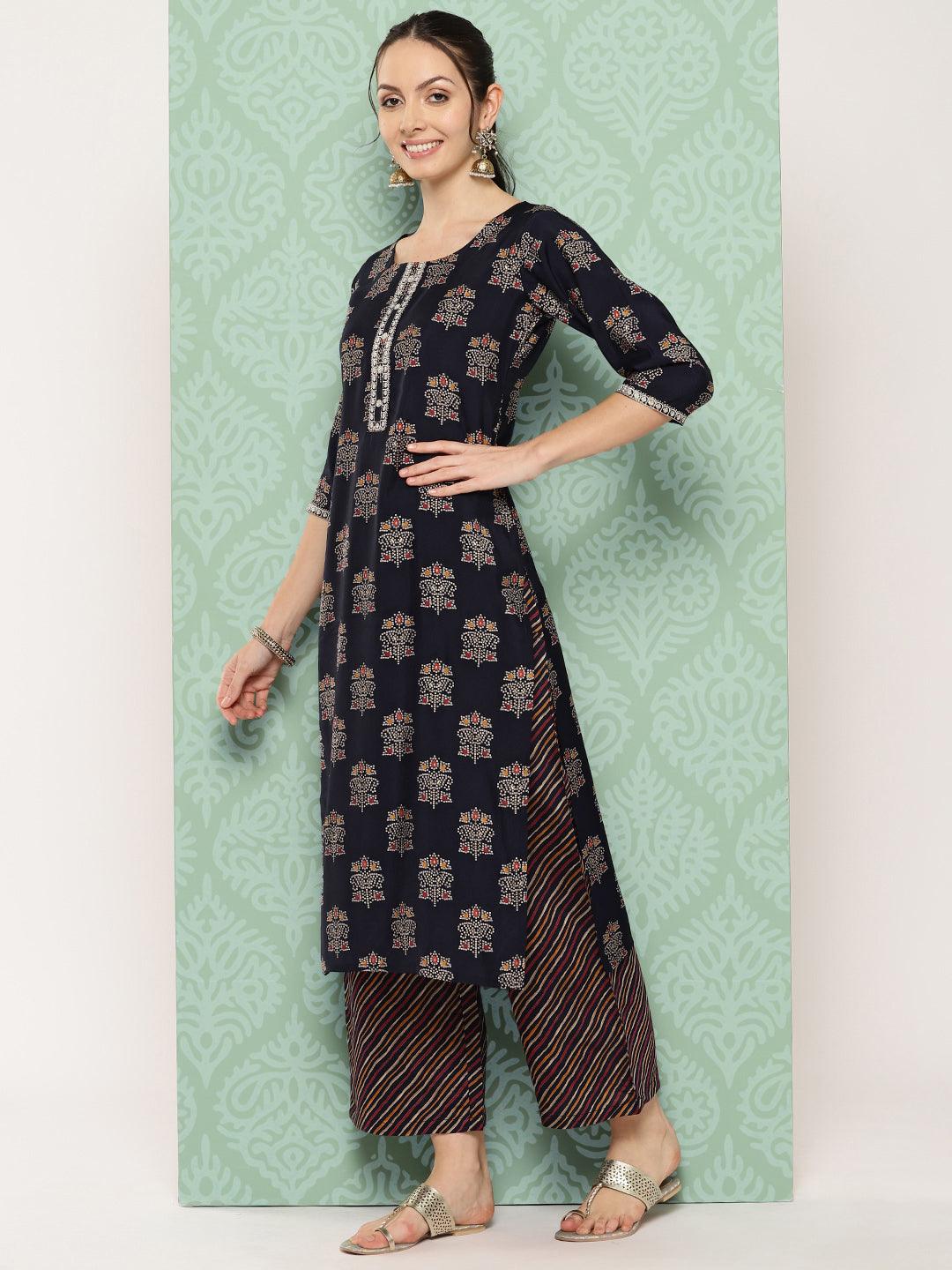 Blue Printed Silk Blend Straight Kurta With Palazzos & Dupatta - ShopLibas