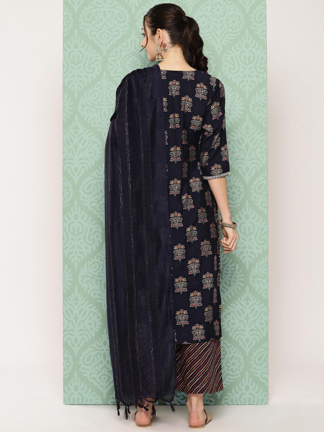 Blue Printed Silk Blend Straight Suit With Dupatta