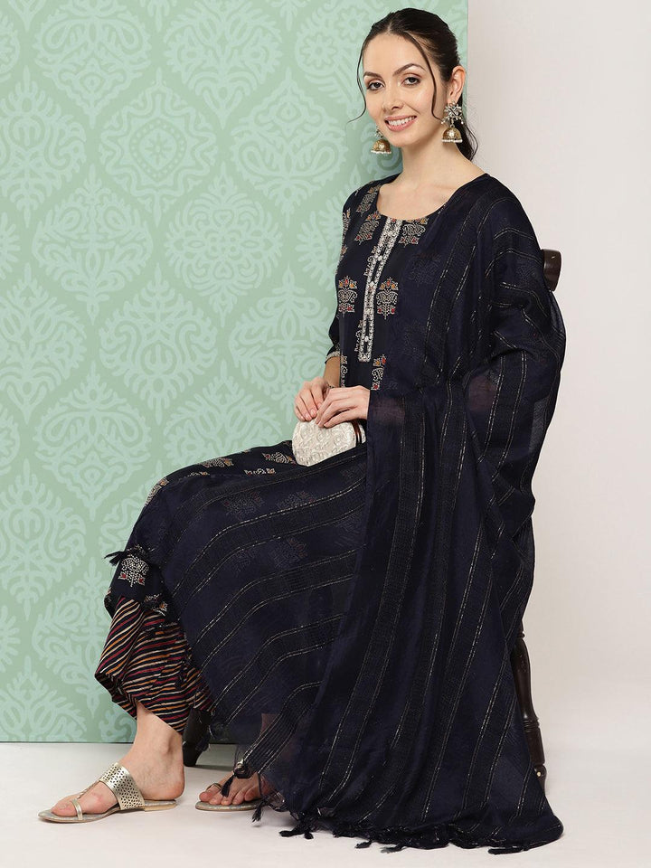 Blue Printed Silk Blend Straight Kurta With Palazzos & Dupatta - ShopLibas